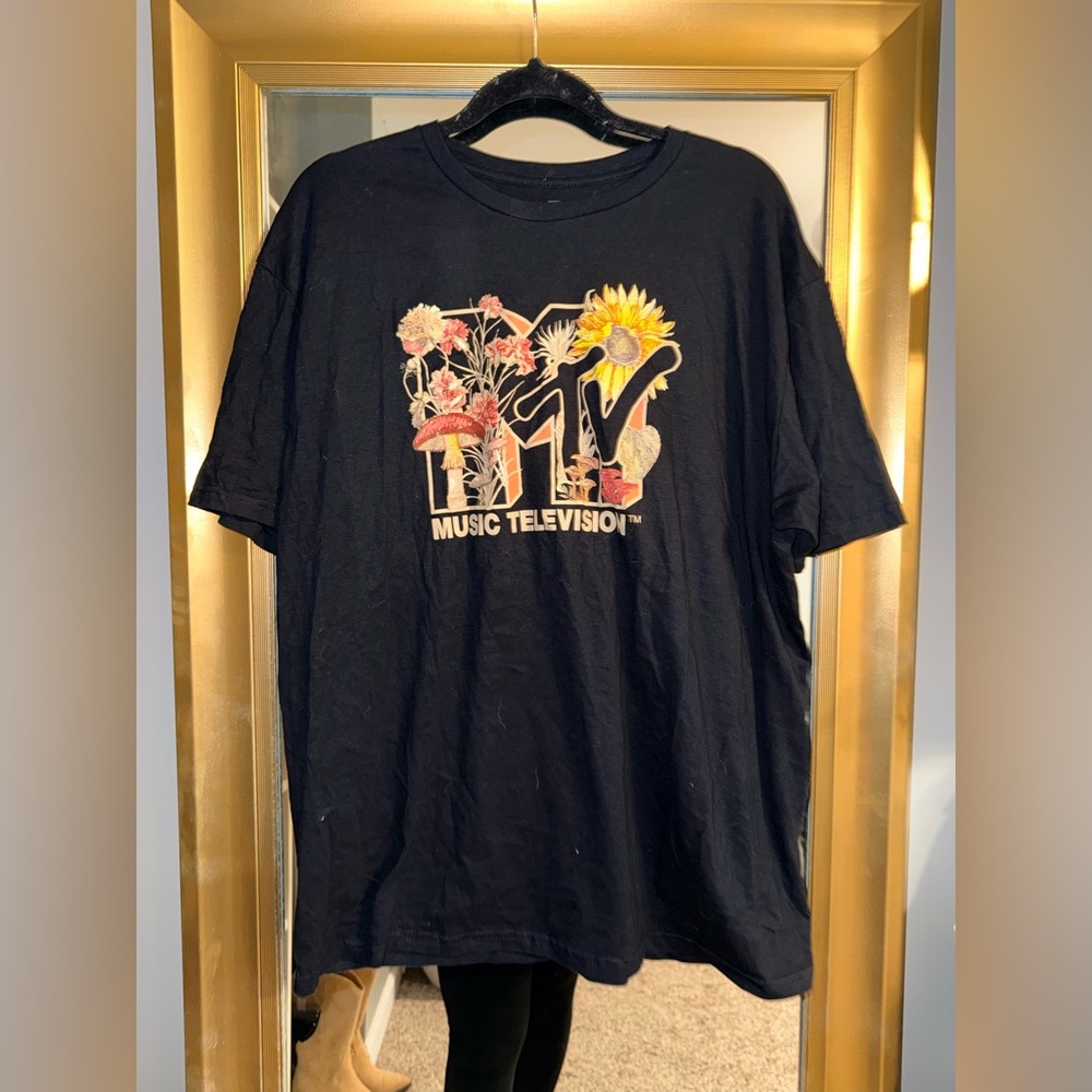 MTV Black Graphic Tee with Floral Logo
